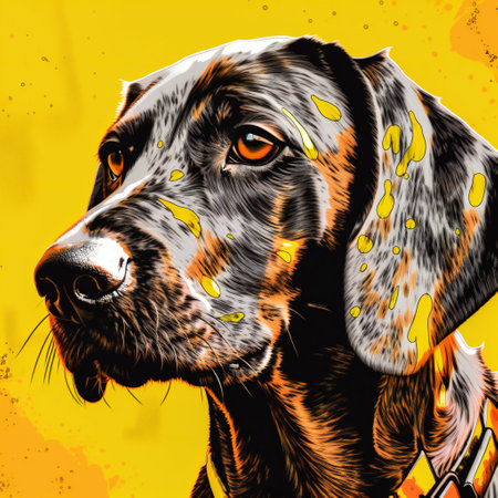 Close up portrait of dog on yellow background, animals, petsの素材