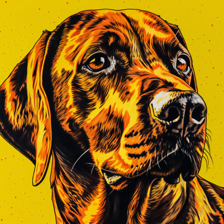 Close up portrait of dog on yellow background, animals, petsの素材