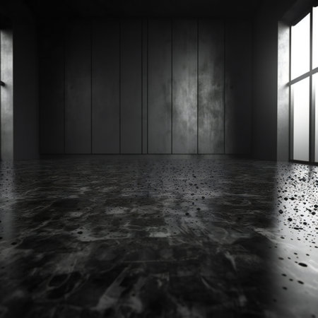 Cracked stone floor on black empty room, arts & architecture, modern buildingsの素材