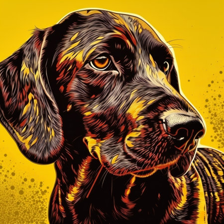 Close up portrait of dog on yellow background, animals, petsの素材