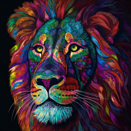 Colorful lion king isolated on black background, hand drawn & artisticの素材