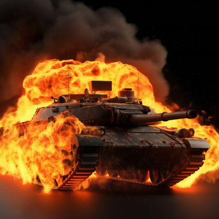 Military tank in fire , abstract background, industries, militaryの素材