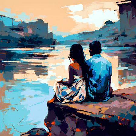Young couple enjoying romantic moments sitting, abstract, loveの素材