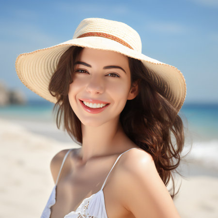 Digital painting beautiful smiling woman on beach, people, portraitsの素材