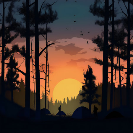 Forest silhouette illustration people camping, nature, forestsの素材