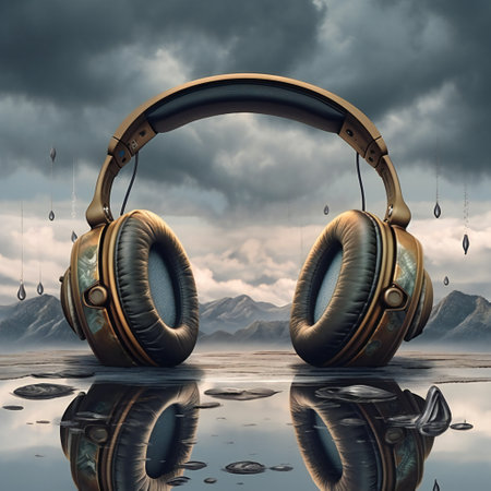 Headphones on transparent background surrealism art, music and soundの素材