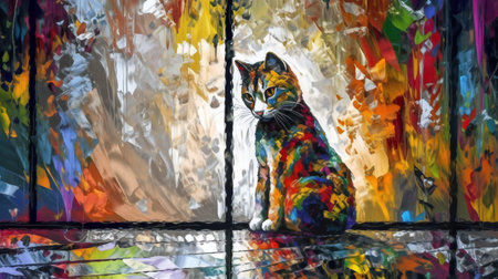 A cat looking through a window on a rainy day, hand drawn & artisticの素材
