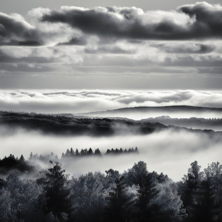Sea of clouds over the forest in black and white, nature, clouds and skiesの素材