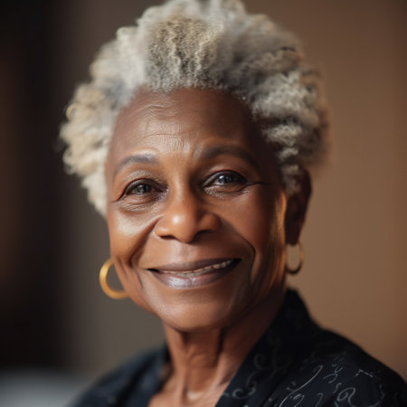 Digital painting portrait of kind black smiling woman, people, diversityの素材