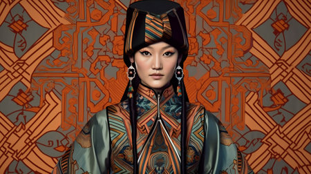 Digital painting mongolian woman in costume art style, hand drawn & artisticの素材
