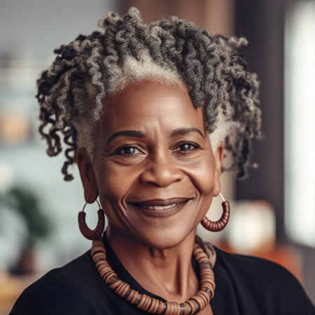 Digital painting portrait of kind black smiling woman, people, diversityの素材