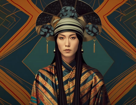 Digital painting mongolian woman in costume art style, hand drawn & artisticの素材