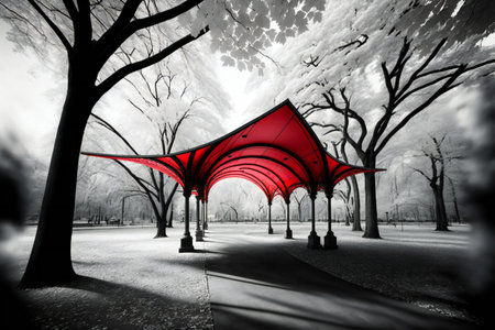 Red canopy tent in sureal black and white landscape, nature, landscapesの素材