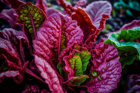 Close up of red lettuce on organic farm, nature, plants and treesの素材