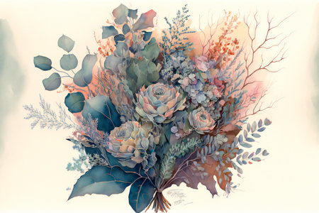 Watercolor floral bouquet composition with roses, nature, flowers & gardensの素材