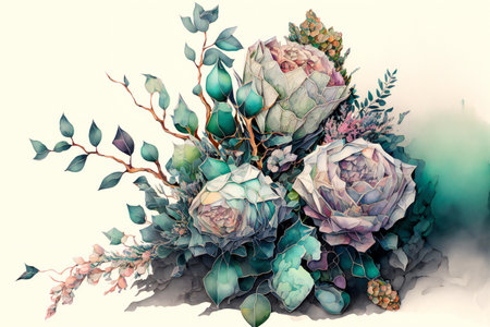 Watercolor floral bouquet composition with roses, nature, flowers & gardensの素材