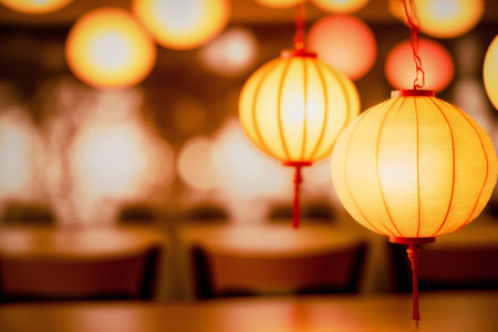 Blurred orange color of lantern, arts & architecture, indoorの素材