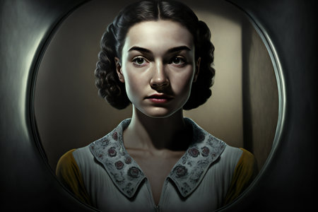 Digital painting young woman in front on the mirror, people, womenの素材