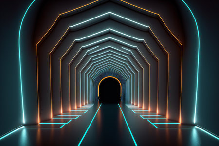 Geometric figure in neon light, arts & architecture, indoorの素材