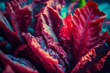 Close up red lettuce on organic farm, nature, plants and treesの素材