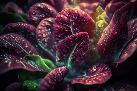Close up red lettuce on organic farm, nature, plants and treesの素材