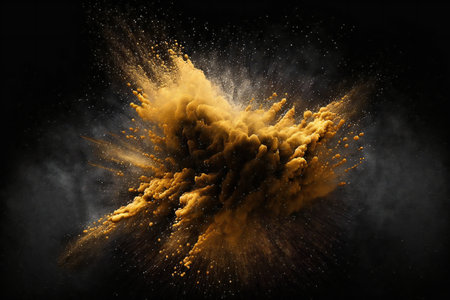 Yellow dust explosion on black background, abstract, backgroundsの素材
