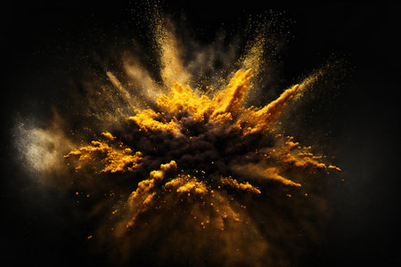 Yellow dust explosion on black background, abstract, backgroundsの素材