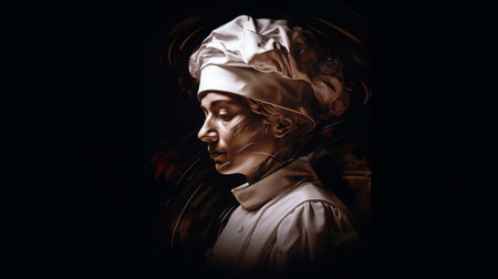 Portrait of a woman in a white dress and a hat on a dark backgroundの素材