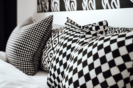 Close up of black and white pillows on bed in bedroom.の素材