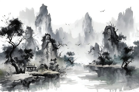 Watercolor painting of a Chinese temple in the forest with fog.の素材