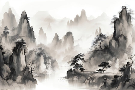 Landscape of mountains and trees with fog. Digital art painting.の素材