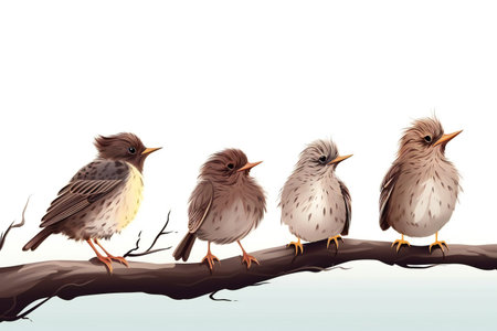 Group of birds on a branch isolated on white background.の素材