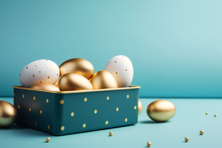 Golden Easter eggs in a gift box on a blue background.の素材