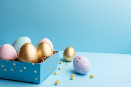 Easter eggs in a gift box on a blue background with copy space.の素材