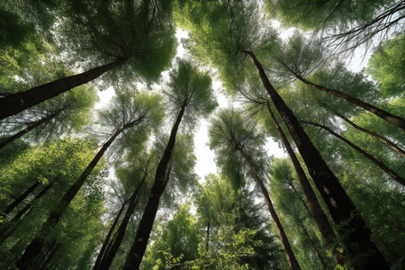pine forest in the morning, view from below into the sky.の素材