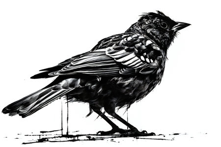 Sparrow. Ink black and white drawing on a white backgroundの素材