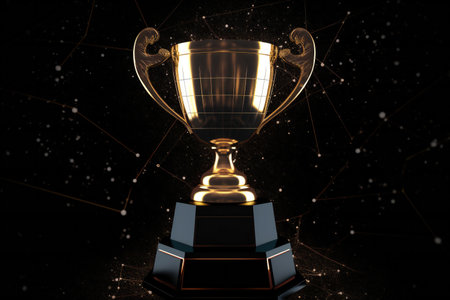 golden trophy cup on black background with space for textの素材