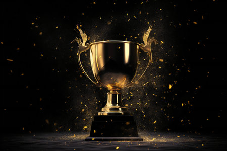 Golden trophy cup with gold dust on black background.の素材