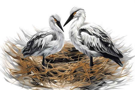 Two white herons in a nest on a white background. Digital painting.の素材