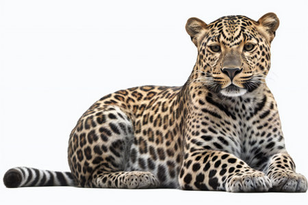 Leopard lying down isolated on white background, studio shot, side viewの素材
