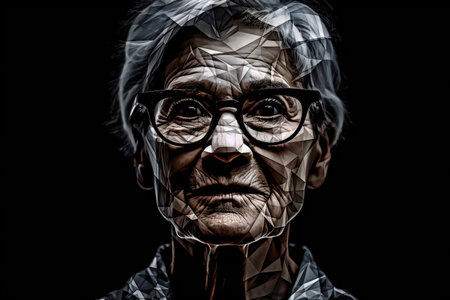 Portrait of an old woman with glasses on a black background.の素材