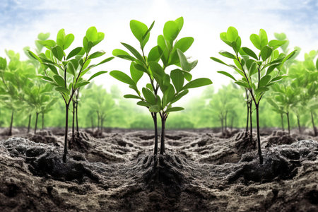 Young mangrove trees growing in the fertile soil. Concept of agriculture.の素材