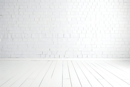 White brick wall and white wooden floor.の素材