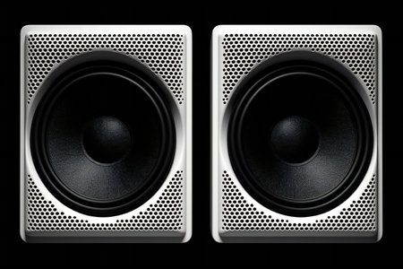 Two speakers on a black background, close-up.の素材