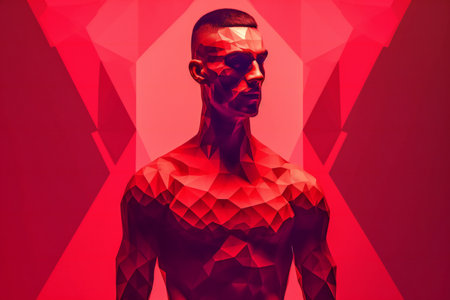 Portrait of a futuristic man in red polygonal style.の素材