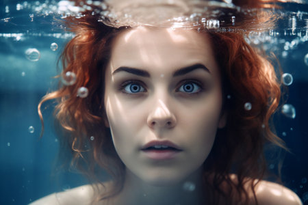 Close-up portrait of a beautiful red-haired girl underwater.の素材