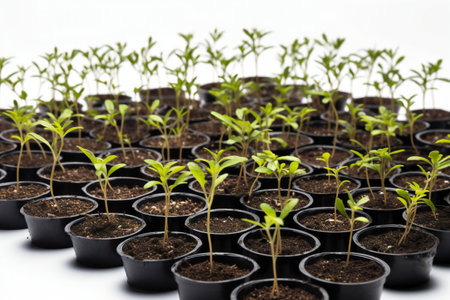 Young seedlings in black plastic pots, isolated on white background.の素材