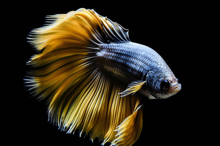 Capture the moving moment of yellow siamese fighting fish isolated on black background. betta fish.の素材