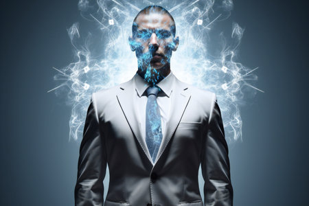 Conceptual image of businessman with virtual head and symbols instead of headの素材