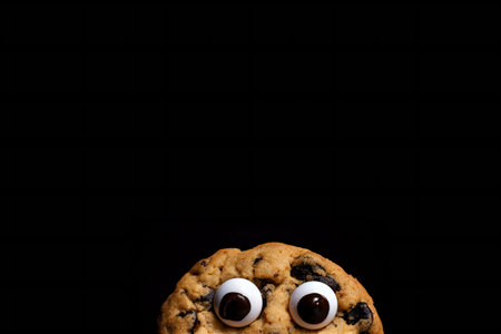 Chocolate chip cookie with funny eyes on black background, copy spaceの素材